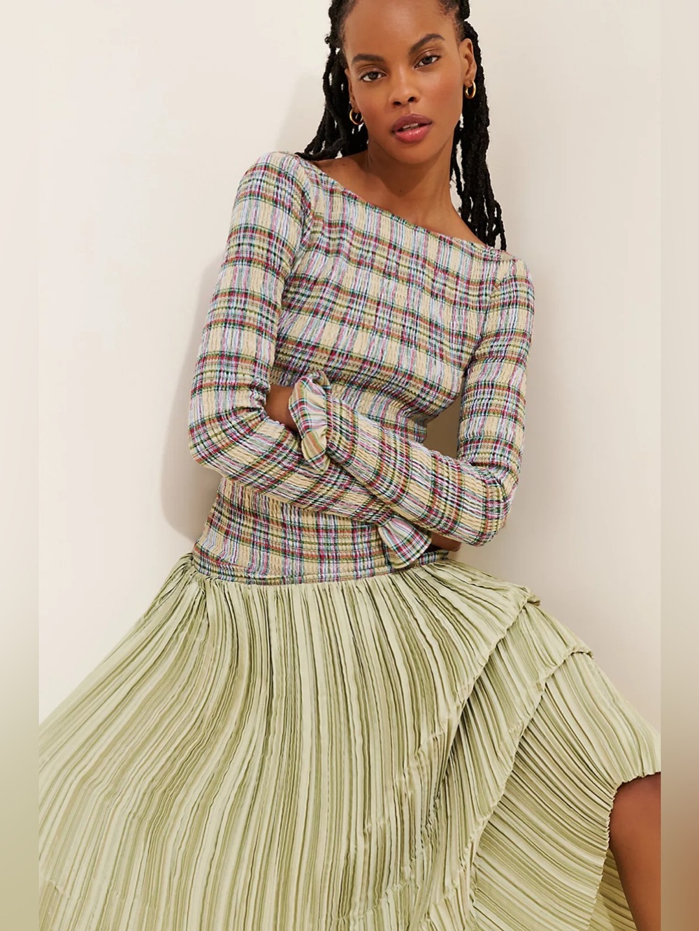 NWT OHSEVENDAYS Anthropologie McKenzie Shirred Tartan Pleated Green Midi Dress M - Picture 4 of 13